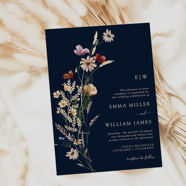 Faire-part de mariage Navy Boho Wildflowers (Navy Blue Boho Wildflowers Wedding Invitation Monogram by Painted Paperie
)