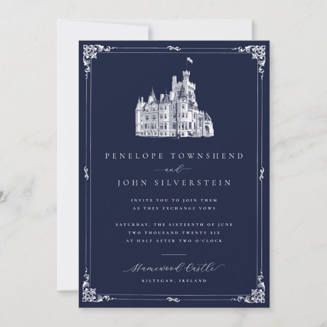 Faire-part de mariage Navy Border Illustration Châ (Devant)
