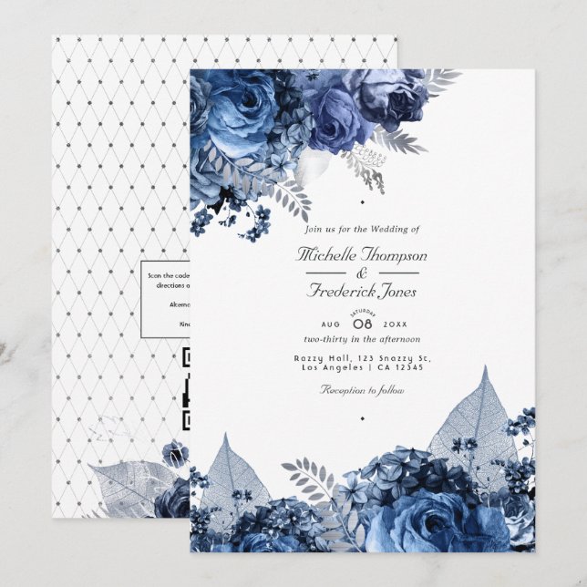 Faire-part de mariage Navy et Blanc avec Feuille d (Devant / Derrière)