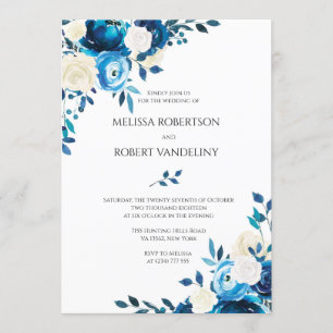 Faire-part de mariage Navy Fleurs Roses Bleues