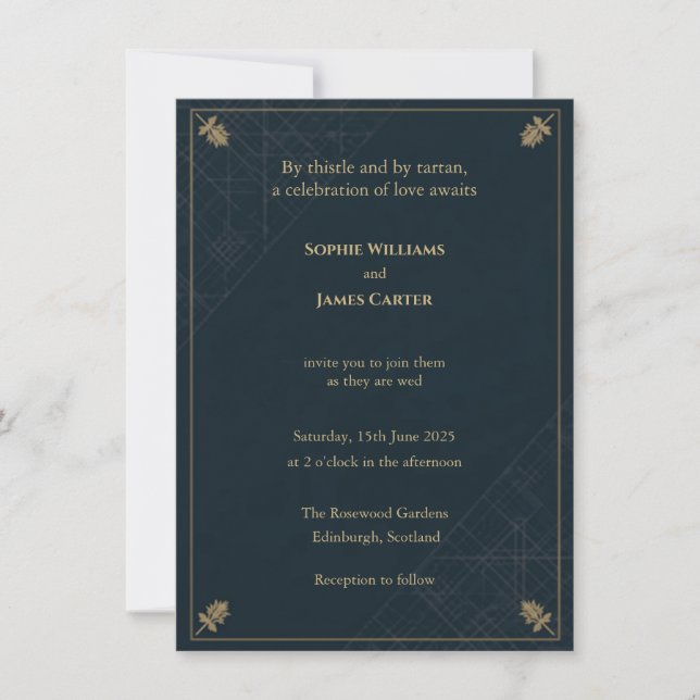 Faire-part de mariage Navy Gold Tartan Thistle éco (Devant)
