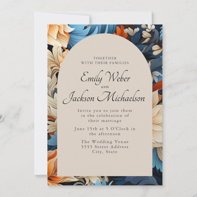 Faire-part de mariage Navy Ivory Orange Floral Arc (Devant)
