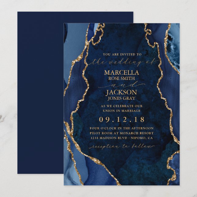 Faire-part de mariage Navy Marble & Gold Agate (Devant / Derrière)