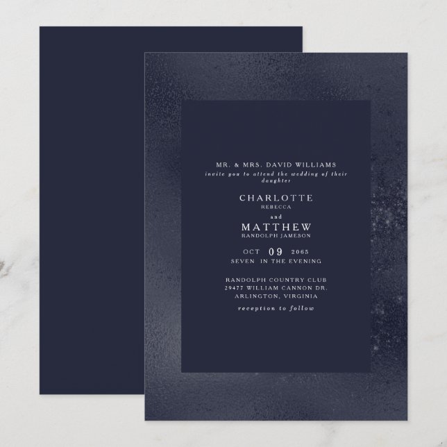 Faire-part de mariage Navy métallisé (Devant / Derrière)