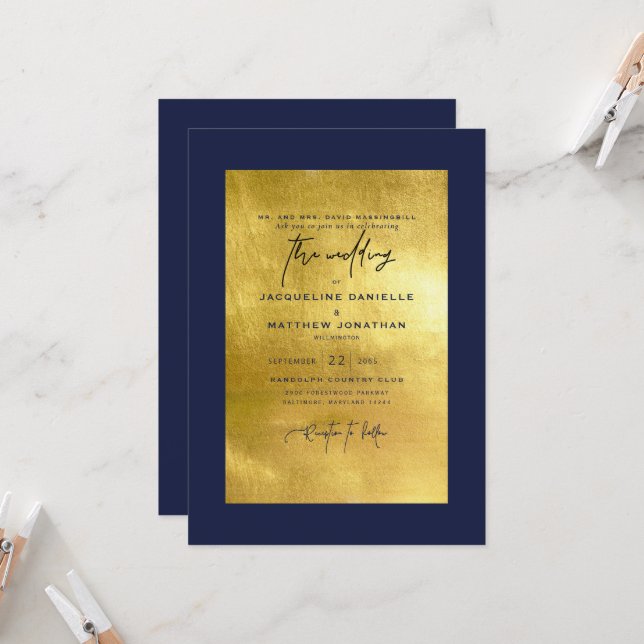Faire-part de mariage Navy Moderne et Or Métallisé (Devant/Arrière en situation)