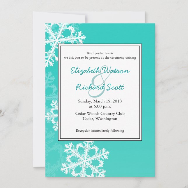 Faire-part de mariage Noël Flocons de turquoise (Devant)