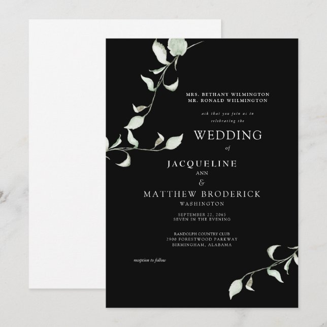 Faire-part de mariage noir à feuillage aquarelle m (Devant / Derrière)