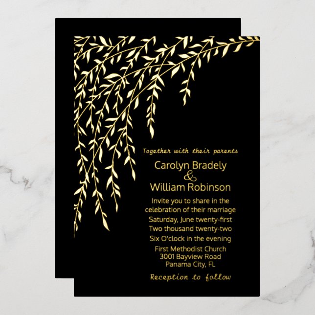 Faire-part de mariage noir à feuilles de saule dor (Recto/Verso)