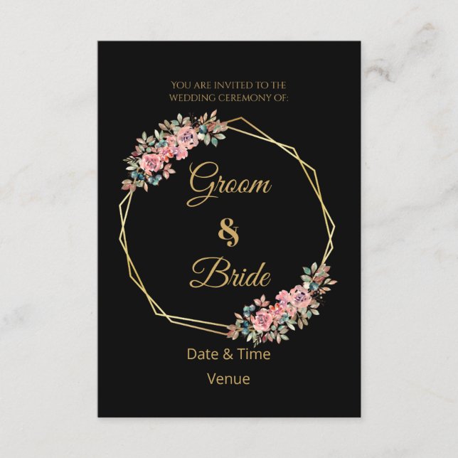 Faire-part de mariage noir à fleurs roses romantiq (Devant)