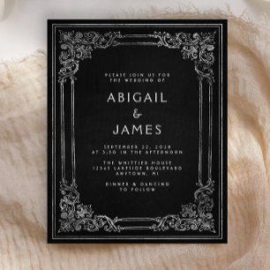 Faire-part de mariage noir argent cadre vintage de