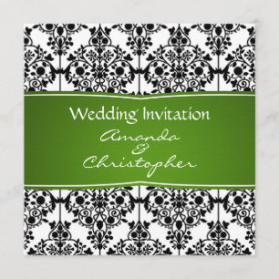 Faire-part de mariage noir, blanc et vert Damas