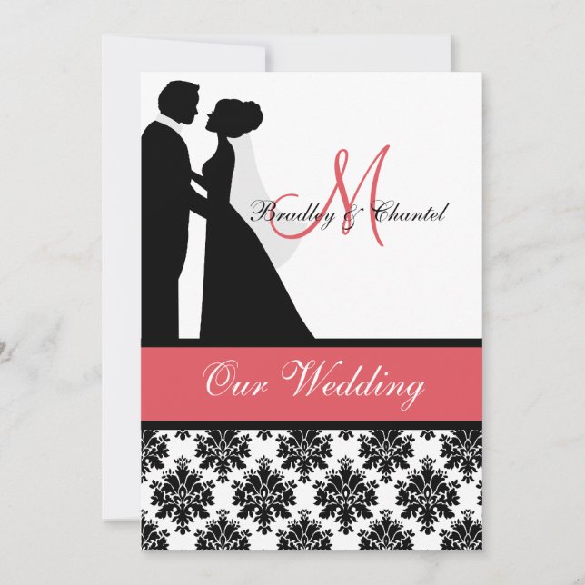 Faire-part de mariage noir, corail et couple blanc (Devant)