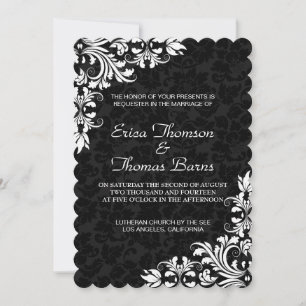 Faire-part de mariage noir dentelle blanche Damas