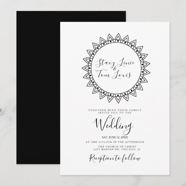 Faire-part de mariage noir et blanc à encadrement  (Devant / Derrière)