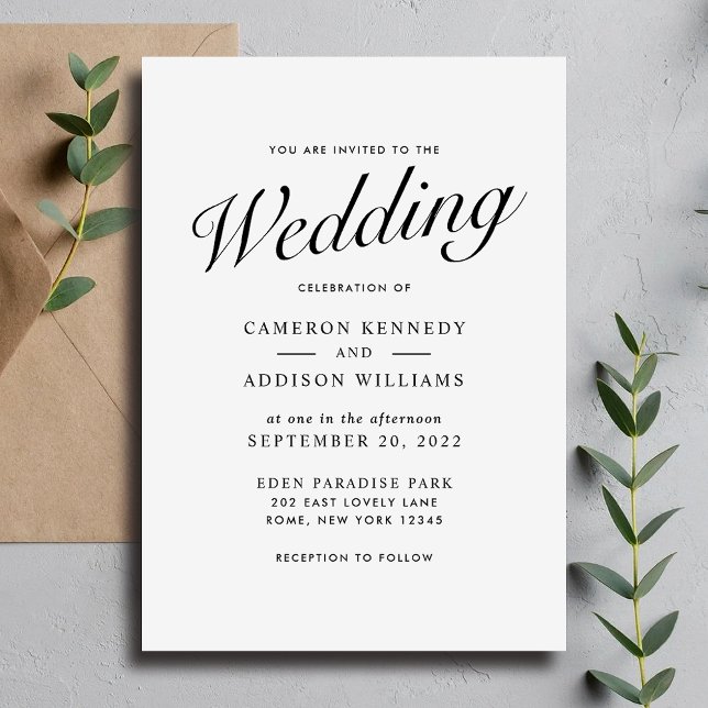 Faire-part de mariage noir et blanc à l'écriture m (Elegant Modern Script Black + White Wedding Invite)