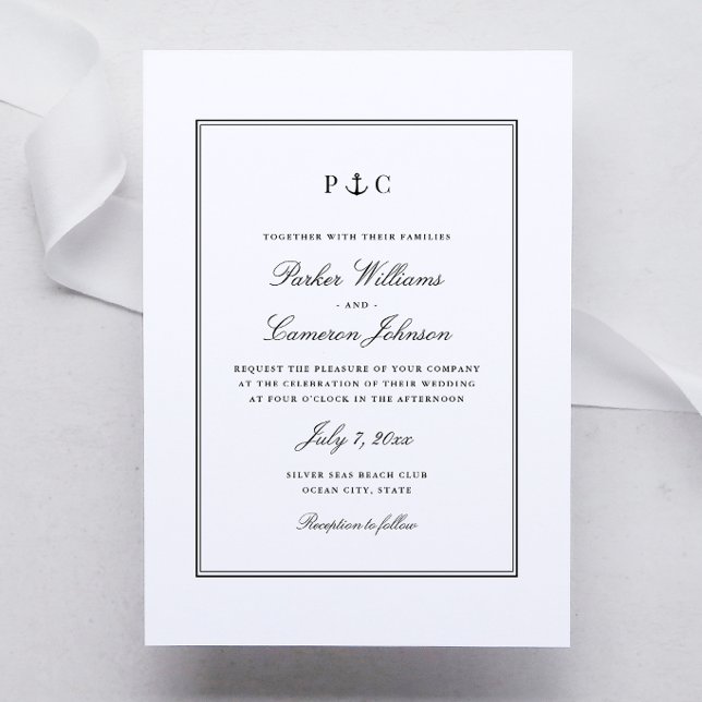 Faire-part de mariage noir et blanc à monogramme d (Nautical Anchor Monogram Wedding Invitation in elegant Black and White by Coastal Map Designs)