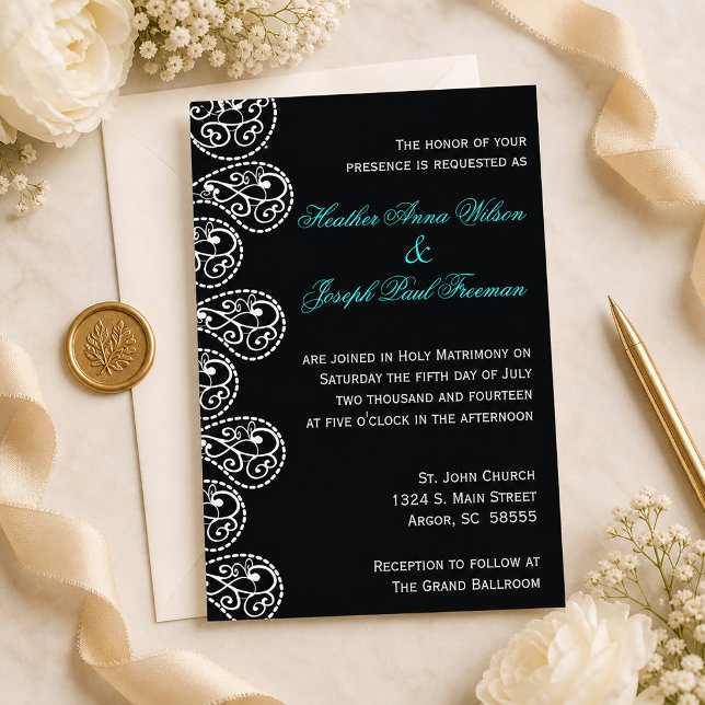 Faire-part de mariage noir et blanc à motifs Paisl (Paisley Black and White Wedding Invitation)