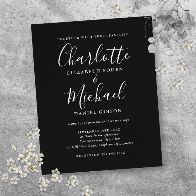 Faire-part de mariage noir et blanc à petit budget (Budget Black White Script Wedding Invitation)