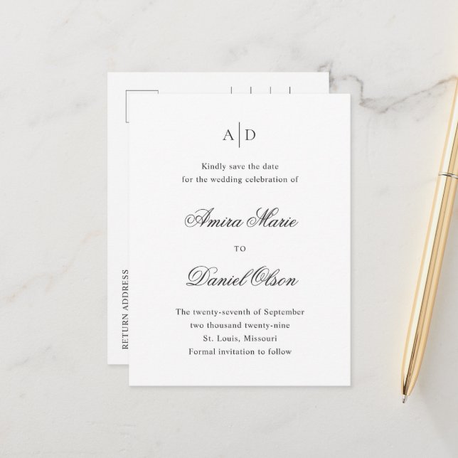 Faire-part de mariage noir et blanc à sauvegarder (Devant/Arrière en situation)