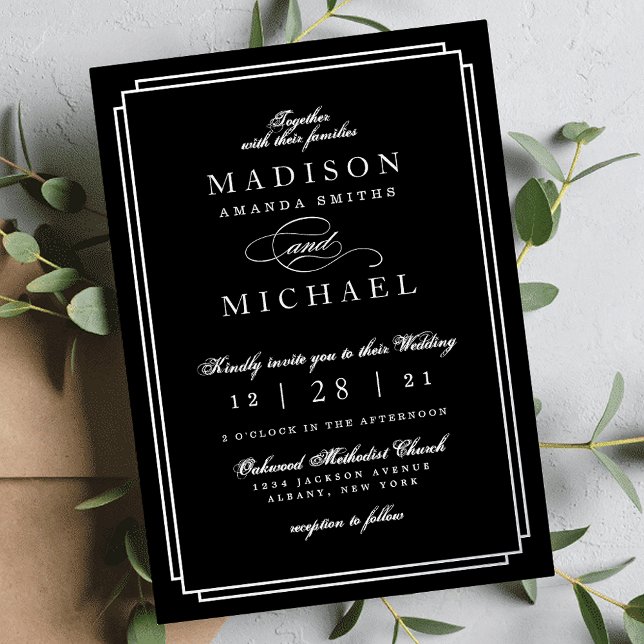 Faire-part de mariage noir et blanc avec feuille d (Black and White and Silver Foil Wedding Invitation)