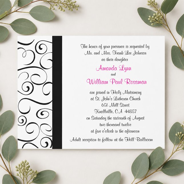 Faire-part de mariage noir et blanc avec fioriture (Black and White Flourish Wedding Invitation)