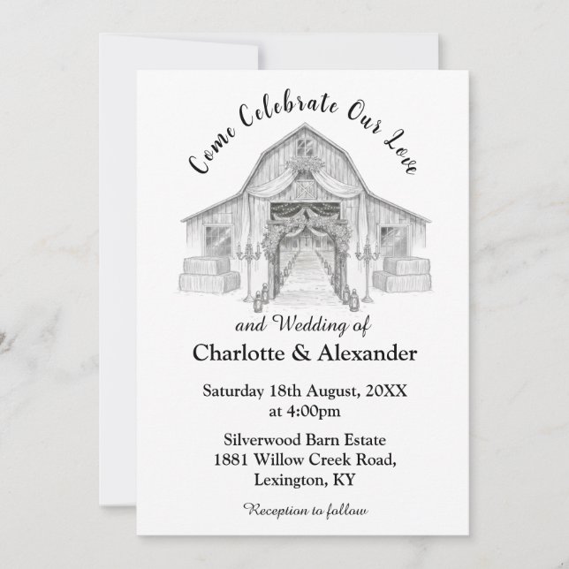 Faire-part de mariage noir et blanc grange rustiqu (Devant)