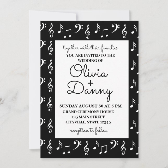 Faire-part de mariage noir et blanc Notes de musiq (Devant)