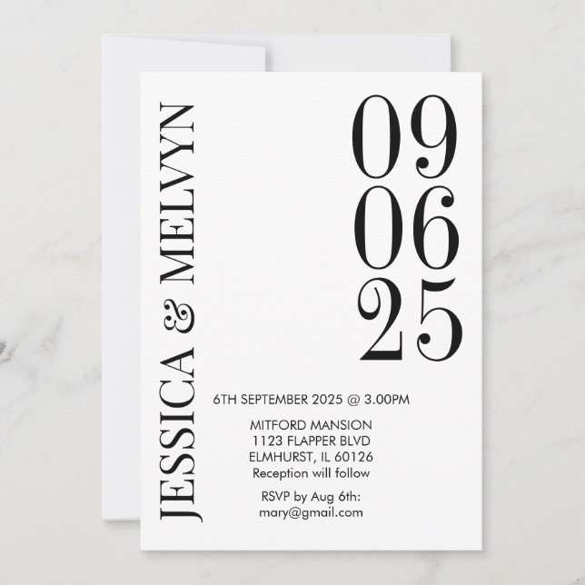 Faire-part de mariage noir et blanc rétro (Devant)