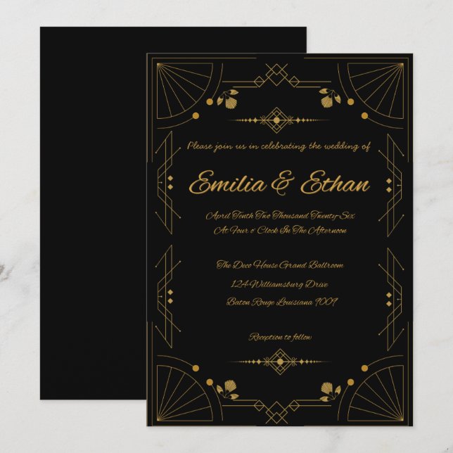 Faire-part de mariage noir et or Art Déco moderne (Devant / Derrière)