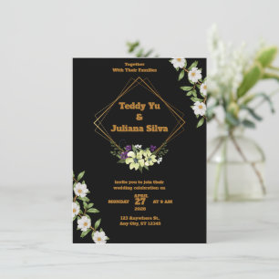 Faire-part de mariage noir et or avec fleurs