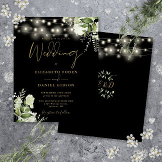 Faire-part de mariage noir et or avec guirlandes f