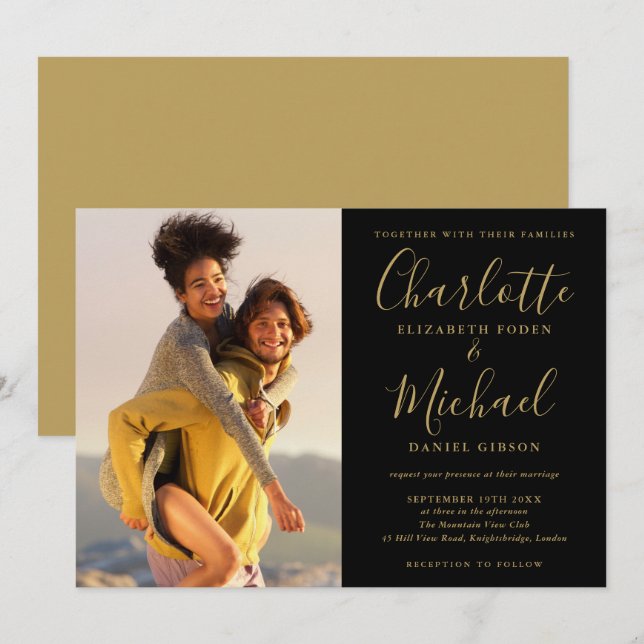 Faire-part de mariage noir et or avec photo de sig (Devant / Derrière)