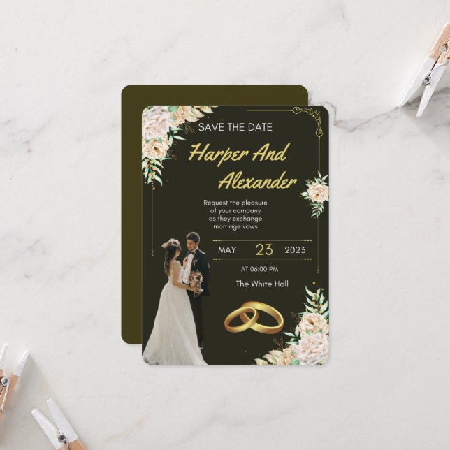 Faire-part de mariage noir et or de luxe (Devant/Arrière en situation)