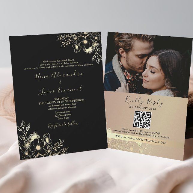 Faire-part de mariage noir et or tout en un (Créateur téléchargé)