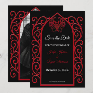 Faire-part de mariage noir et rouge à bordure goth