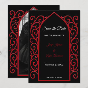 Faire-part de mariage noir et rouge à bordure orné