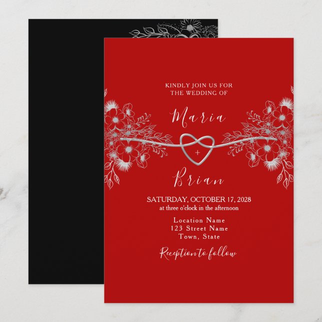 Faire-part de mariage noir et rouge moderne (Devant / Derrière)