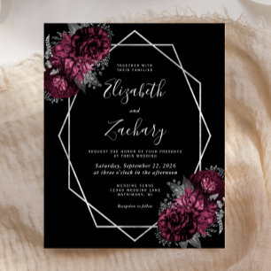 Faire-part de mariage noir floral bordeaux cadre a