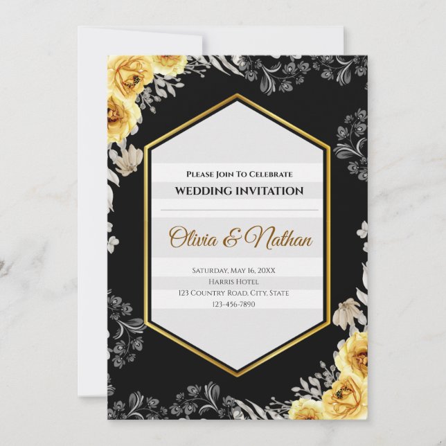 Faire-part de mariage noir gothique et jaune mouta (Devant)
