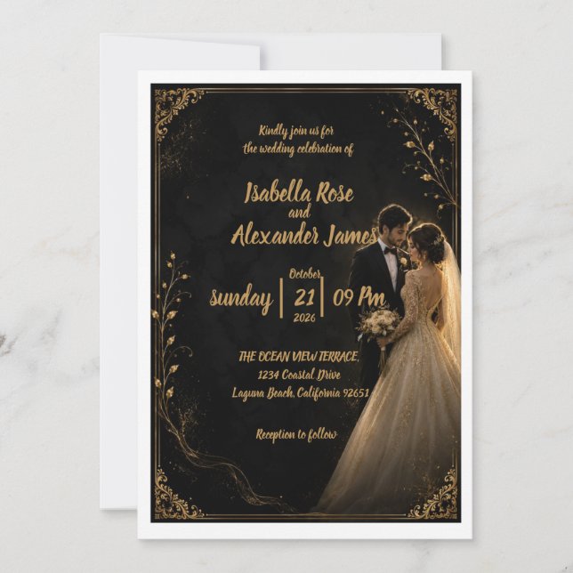Faire-Part de Mariage Noir Intemporel (Devant)