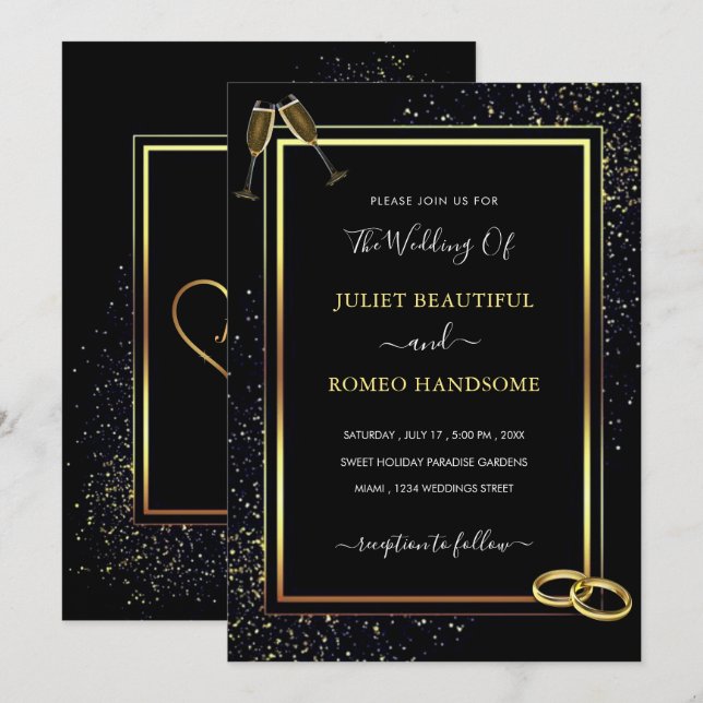 Faire-part de mariage Noir Or Luxe (Devant / Derrière)