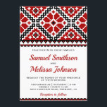 Faire-part de mariage noir rouge d'Ukrainien de<br><div class="desc">Stupéfiez vos invités avec ce faire-part de mariage élégant comportant un bel art populaire sur un fond blanc. Ajoutez simplement vos détails d'événement sur ce modèle facile à utiliser pour lui faire une invitation un-de-un-aimable. Renversez la carte plus de pour indiquer un motif ukrainien traditionnel de gens sur le dos...</div>