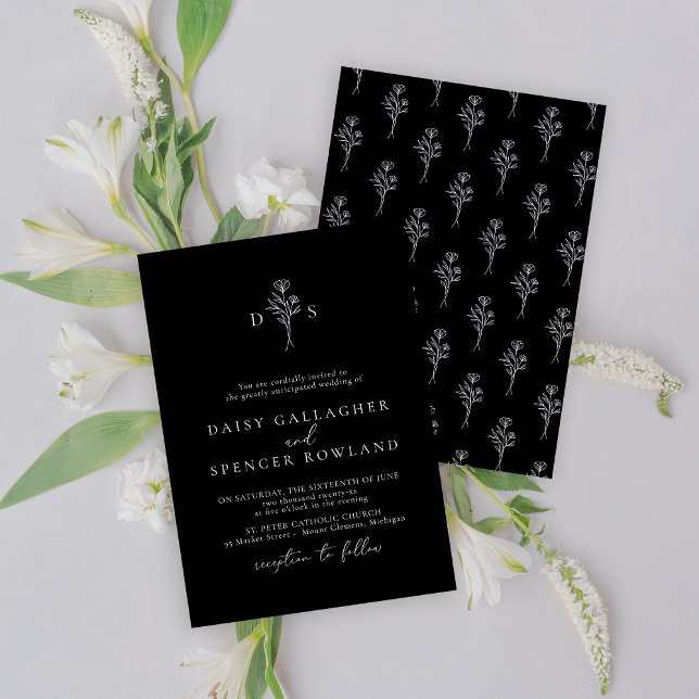 Faire-part de mariage noir simple avec design flor (Créateur téléchargé)