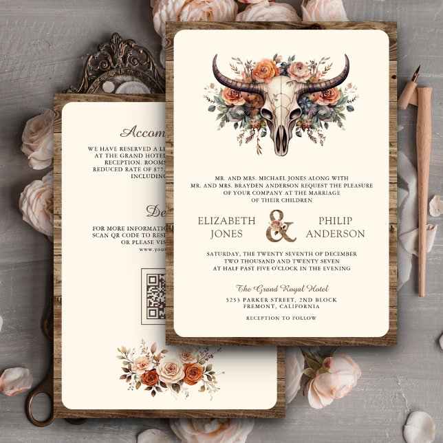 Faire-part de mariage occidental crâne de vache fl (Créateur téléchargé)