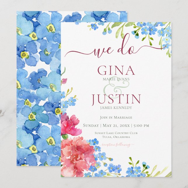 Faire-part de mariage Œillets & Myosotis (Devant / Derrière)