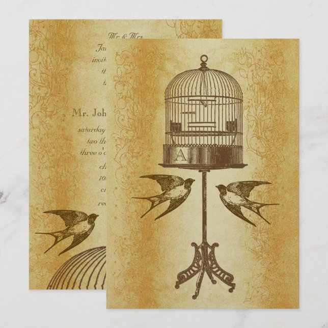 Faire-part de mariage Oiseau de l'Amour Luxe Doré  (Devant / Derrière)