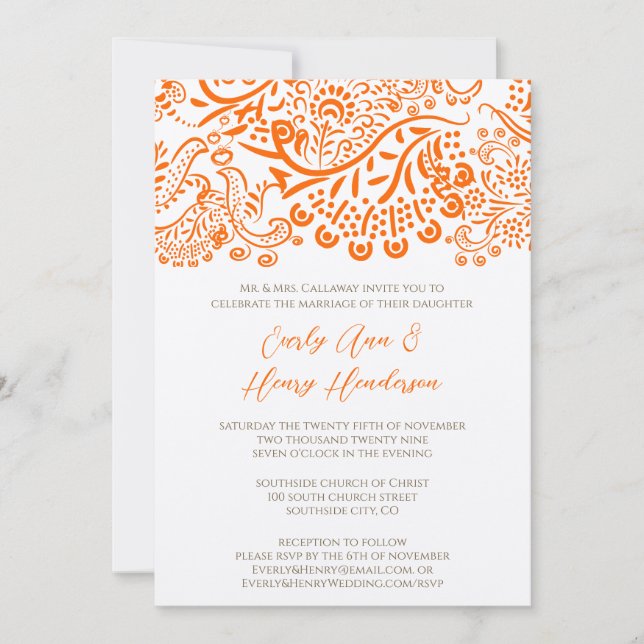 Faire-part de mariage oiseaux amour orange (Devant)
