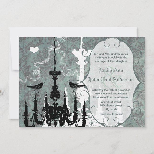 Faire-Part de Mariage Oiseaux Amoureux sous Lustre (Devant)