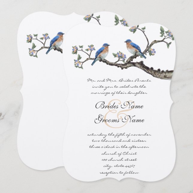 Faire-part de mariage Oiseaux bleus vintage (Devant / Derrière)