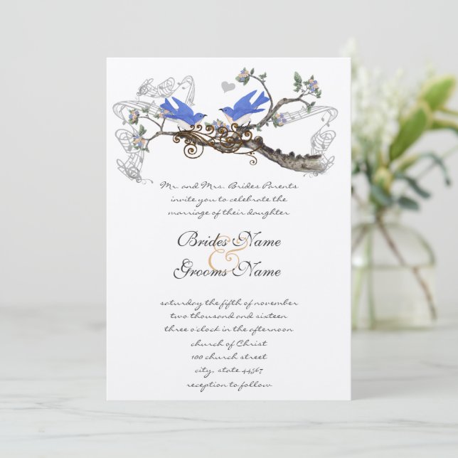 Faire-part de mariage Oiseaux bleus vintage #2 (Debout devant)